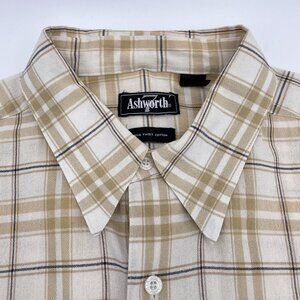 Vintage Plaid Shirt Men White Tan High Twist Cotton Button-Up Men Size XL Casual
